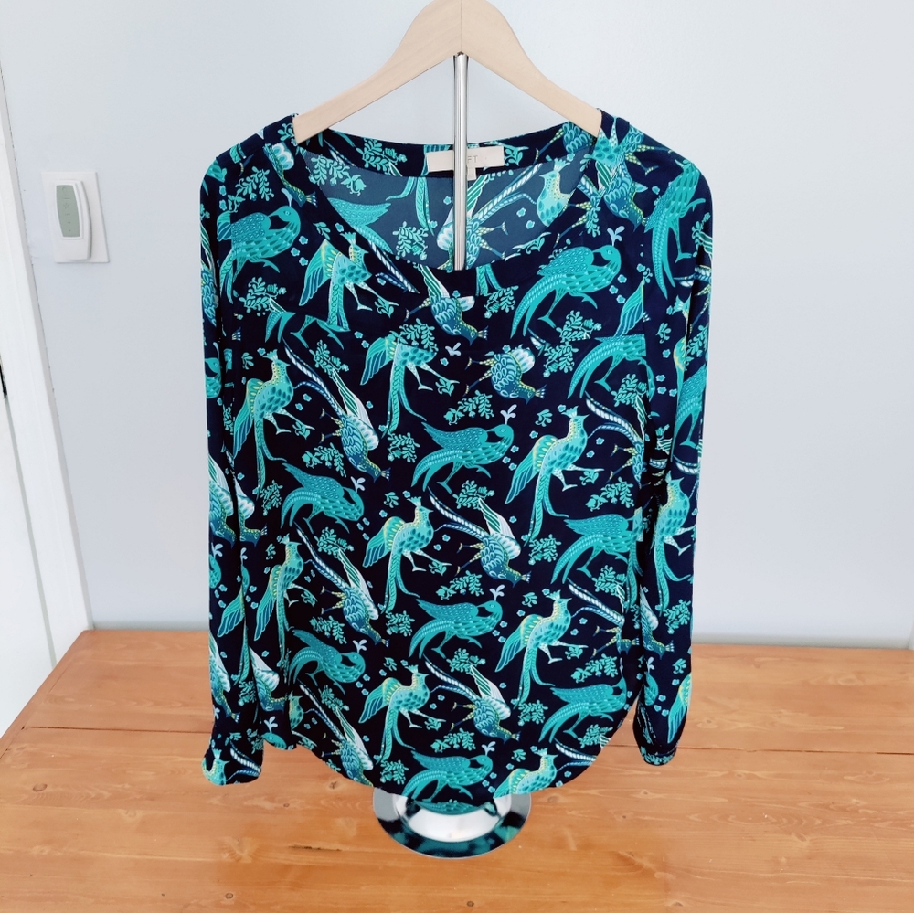 LOFT Green and Blue Bird Patterned Blouse